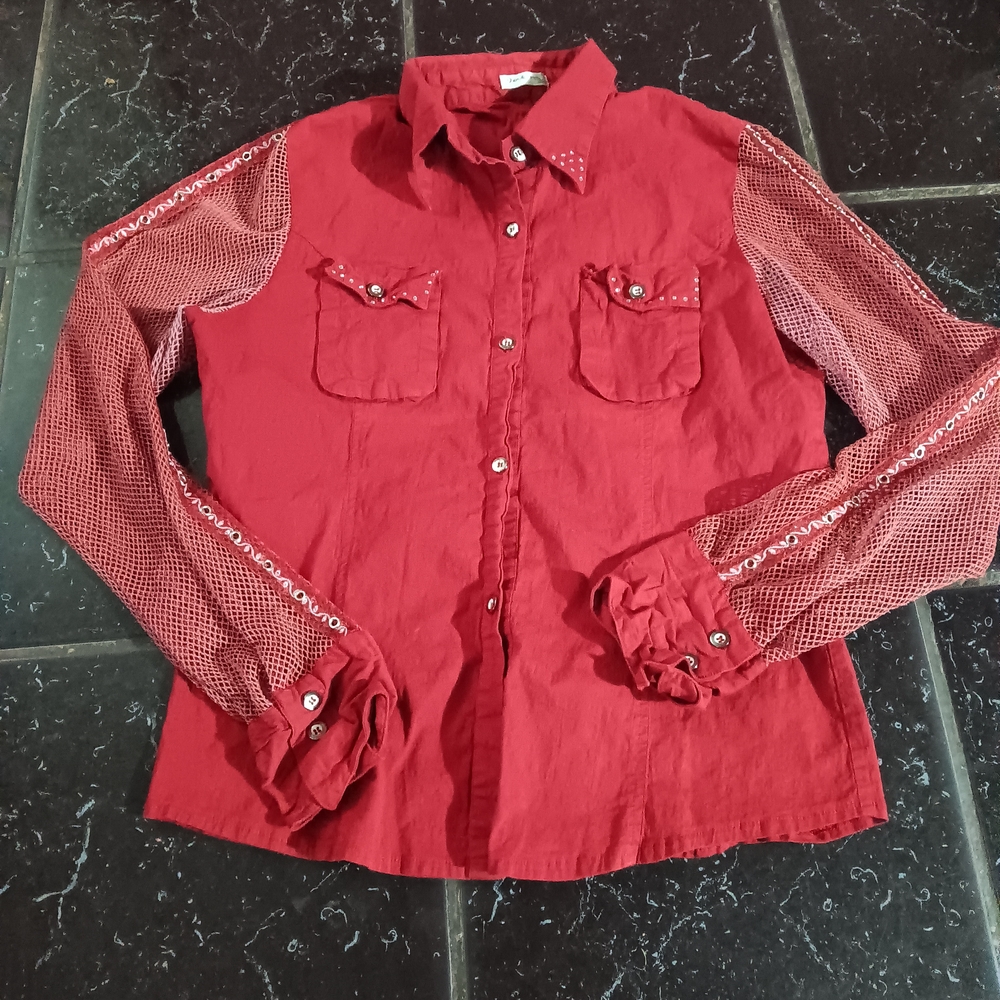 Vtg Dating  Button Down Red Size XL Western Rodeo Sheer Mesh Layered Sleeves